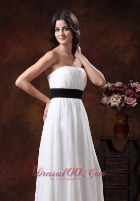 White Chiffon Brush Train Wedding Dress With Black Belt