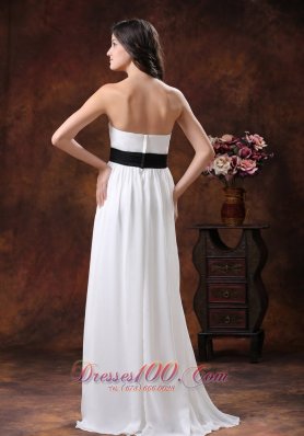 White Chiffon Brush Train Wedding Dress With Black Belt