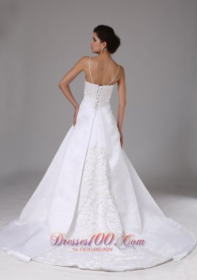 Spaghetti Straps Wedding Dress Lace Satin Court Train