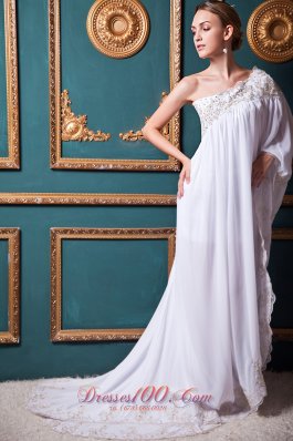 White Empire One Shoulder Appliques Evening Prom Dress