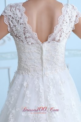 Latest A-line V-neck Wedding Dress Tulle Lace Court Train