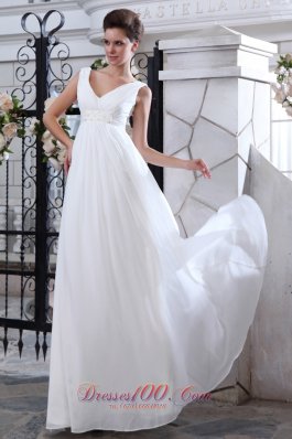 Unique A-line V-neck Wedding Dress Chiffon Ruch Appliques