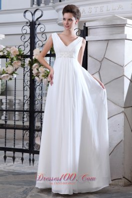 Unique A-line V-neck Wedding Dress Chiffon Ruch Appliques