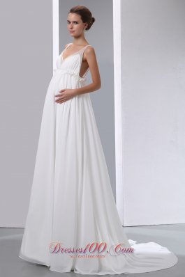 A-line V-neck Maternity Wedding Dress Chiffon Beading