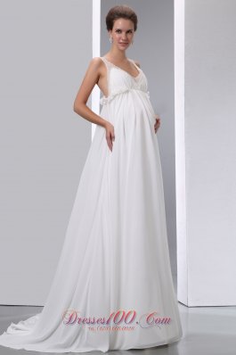 A-line V-neck Maternity Wedding Dress Chiffon Beading