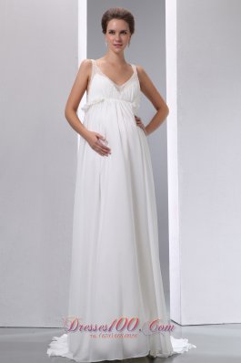 A-line V-neck Maternity Wedding Dress Chiffon Beading