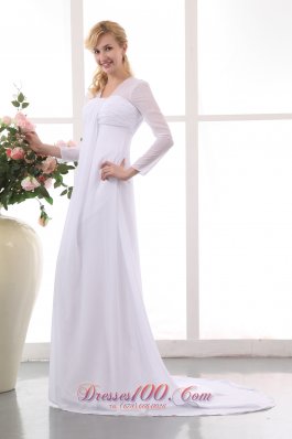 Empire Square Ruched Court Train Wedding Dress