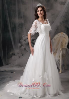 Empire Square Cheap Wedding Dress Tulle Lace Appliques