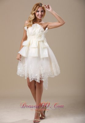 Elegant Strapless White Bow Hand Made Flowers Prom Dress