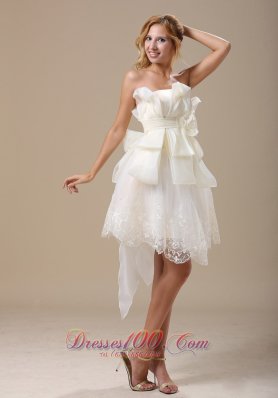 Elegant Strapless White Bow Hand Made Flowers Prom Dress