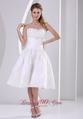 A-line Strapless Ruch Ruffles Tea-length Wedding Dress