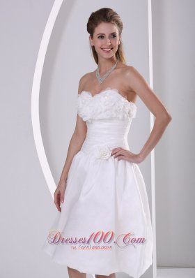 A-line Strapless Ruch Ruffles Tea-length Wedding Dress