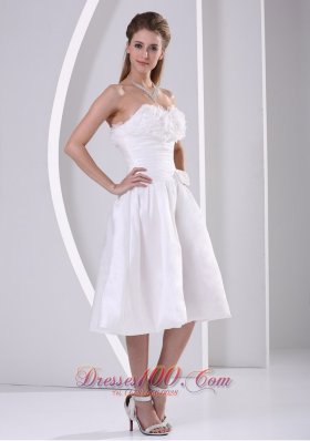 A-line Strapless Ruch Ruffles Tea-length Wedding Dress