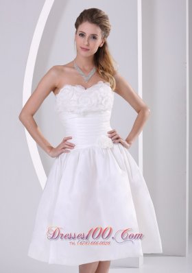 A-line Strapless Ruch Ruffles Tea-length Wedding Dress