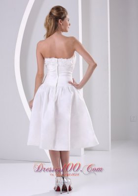 A-line Strapless Ruch Ruffles Tea-length Wedding Dress