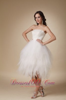 Clearance Strapless Tea-length Tulle Beading Wedding Dress