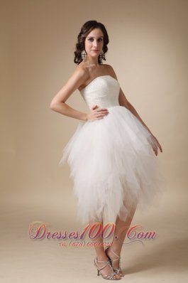 Clearance Strapless Tea-length Tulle Beading Wedding Dress