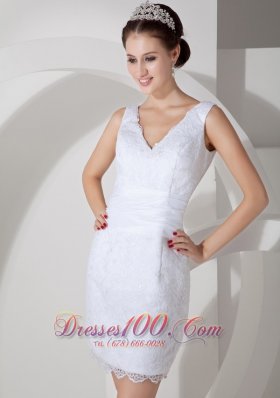 Clearance Column V-neck Short Wedding Dress Satin Lace