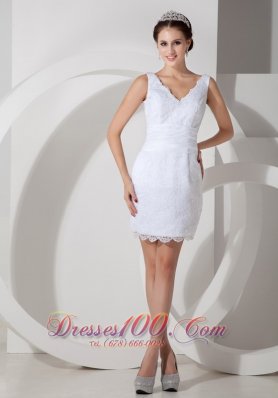 Clearance Column V-neck Short Wedding Dress Satin Lace