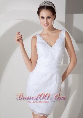 Clearance Column V-neck Short Wedding Dress Satin Lace