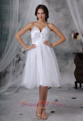 Halter Knee-length Organza Ruched Bodice Short Wedding Dress