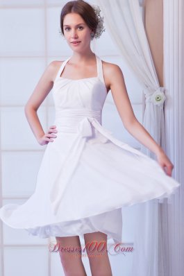 White A-line Halter Knee-length Chiffon Ruch Prom Dress