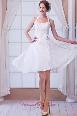 White A-line Halter Knee-length Chiffon Ruch Prom Dress