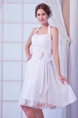 White A-line Halter Knee-length Chiffon Ruch Prom Dress