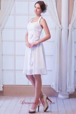 White A-line Halter Knee-length Chiffon Ruch Prom Dress