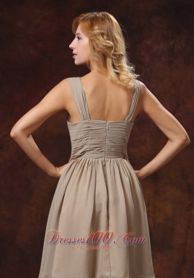 Grey Ruch Knee-length Bridesmaid Dress With Straps