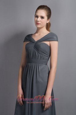 Grey V-neck Ankle-length Cap Sleeves Bridesmaid Dress