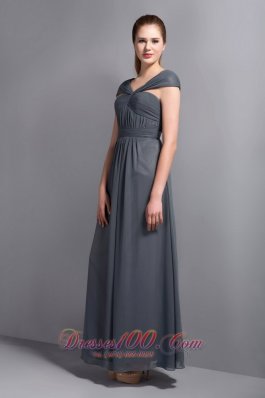 Grey V-neck Ankle-length Cap Sleeves Bridesmaid Dress