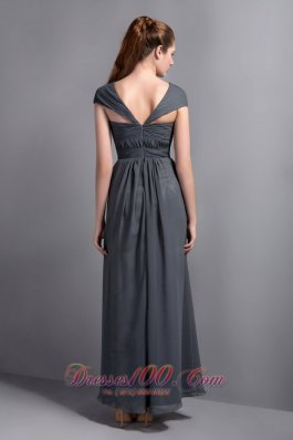 Grey V-neck Ankle-length Cap Sleeves Bridesmaid Dress