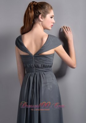 Grey V-neck Ankle-length Cap Sleeves Bridesmaid Dress