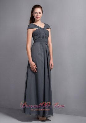 Grey V-neck Ankle-length Cap Sleeves Bridesmaid Dress