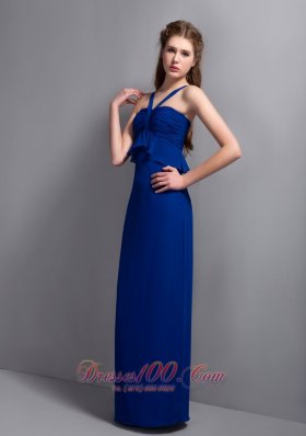 Chiffon Blue Ruch Bridesmaid Dress V-neck Column