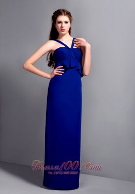 Chiffon Blue Ruch Bridesmaid Dress V-neck Column