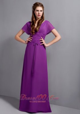 Purple Chiffon Bridesmaid Dress Short Sleeves V-neck