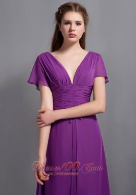 Purple Chiffon Bridesmaid Dress Short Sleeves V-neck