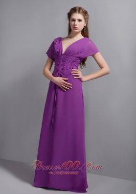 Purple Chiffon Bridesmaid Dress Short Sleeves V-neck