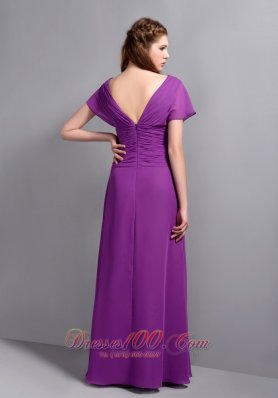 Purple Chiffon Bridesmaid Dress Short Sleeves V-neck