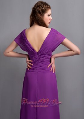 Purple Chiffon Bridesmaid Dress Short Sleeves V-neck