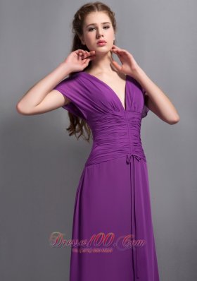 Purple Chiffon Bridesmaid Dress Short Sleeves V-neck