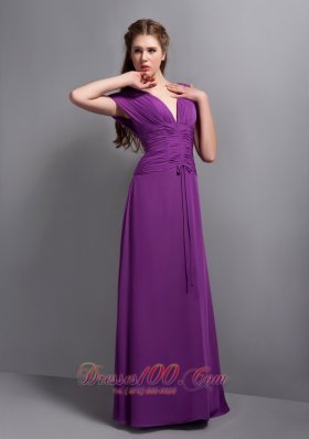 Purple Chiffon Bridesmaid Dress Short Sleeves V-neck