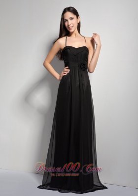 Black Hand Flower Bridesmaid Dress Halter Brush Train