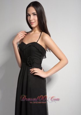 Black Hand Flower Bridesmaid Dress Halter Brush Train