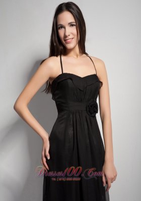 Black Hand Flower Bridesmaid Dress Halter Brush Train