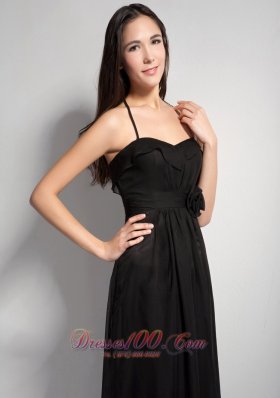 Black Hand Flower Bridesmaid Dress Halter Brush Train