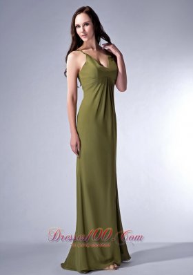 Olive Green V-neck Chiffon Ruch Bridesmaid Dress