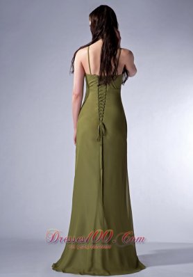 Olive Green V-neck Chiffon Ruch Bridesmaid Dress